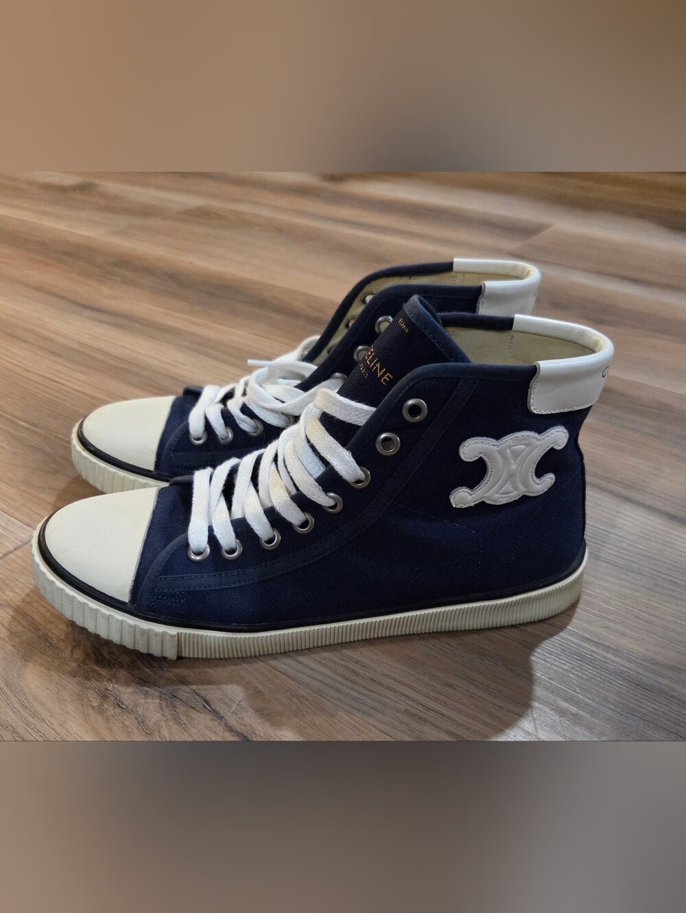 0Celine Womens Navy Canvas & Leather High-Top Sneakers